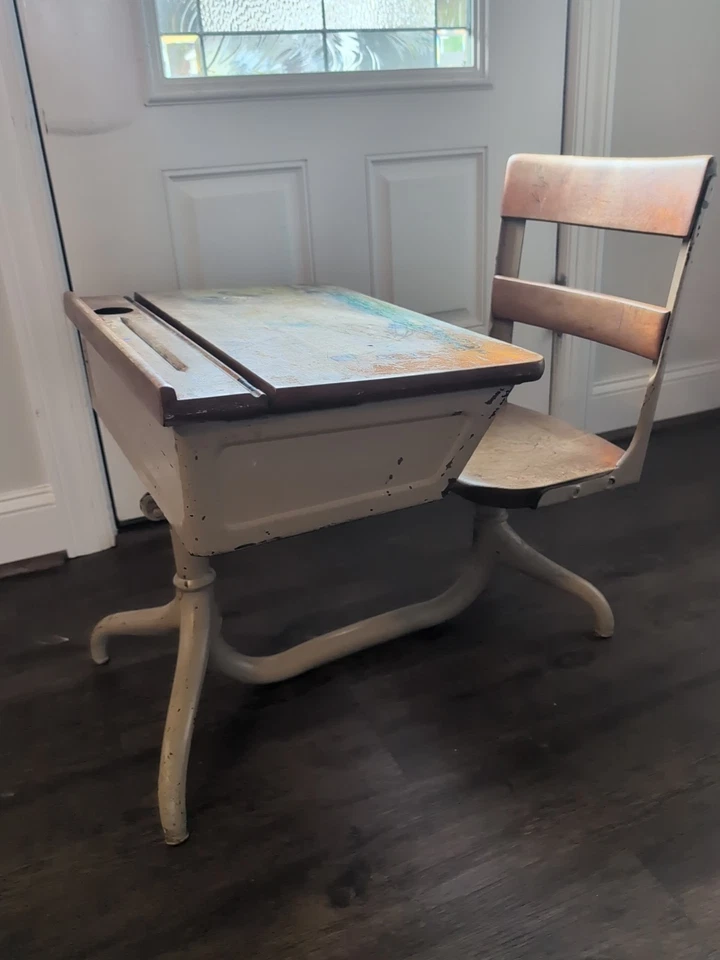 二十世纪中叶儿童青少年学校书桌带附加椅 - 金属和木材 — 第 4/4 张图片