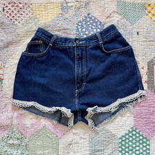 Vintage 80s Gitano High Rise Crochet Cut Off Denim Blue Jeans Shorts Size S 28