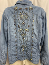 Chico's Embroidered Beaded Floral Denim Jacket Blue Button Front Size 2