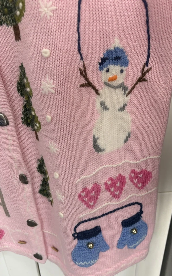 Vintage The Quacker Factory Snowman Pink Sweater Cardigan Size Small Embroidered - Image 4 of 4