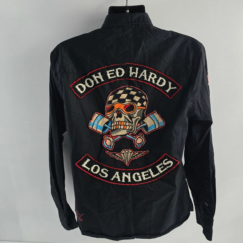 Camisa Ed Hardy Negra Manga Larga Abotonada Bordada Calavera Parches Para Hombres Foto 3 de 4