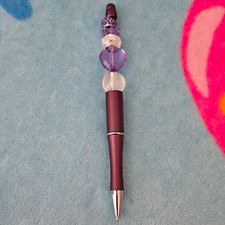 Handmade Purple  Clear Beaded Ballpoint Pen, Black Ink, Silver Trim, Plastic
