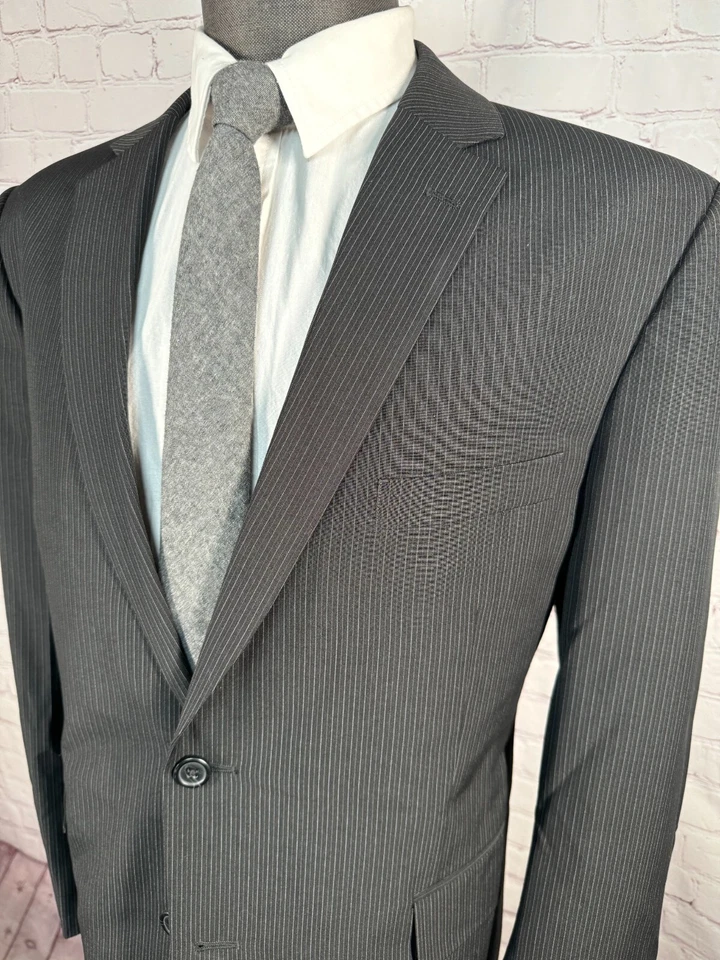 J.FERRAR Mens Black Pinstripe SLIM FIT Flat Frt 2 Pc Suit 44S Jacket 30x30 Pant - Image 3 of 4
