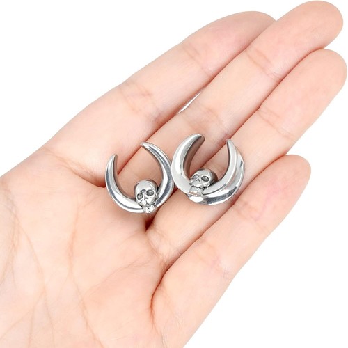 Moon Shape Skull Ear Weights Stainless Steel Ear Gauges Hangers Dangle Tunnels - Picture 26 of 82