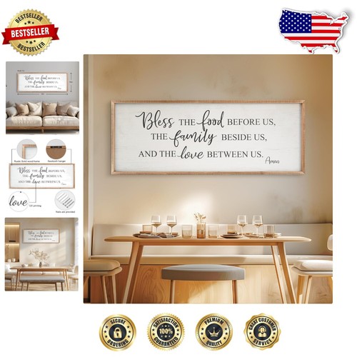 Elegant 40x15 Inch Bless The Food Home Decor - Rustic Wall Art for Dining Rooms