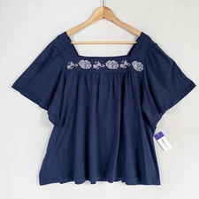 Rebecca Malone Top Shirt Blouse Size Large Navy Blue Floral Embroidered Peasant
