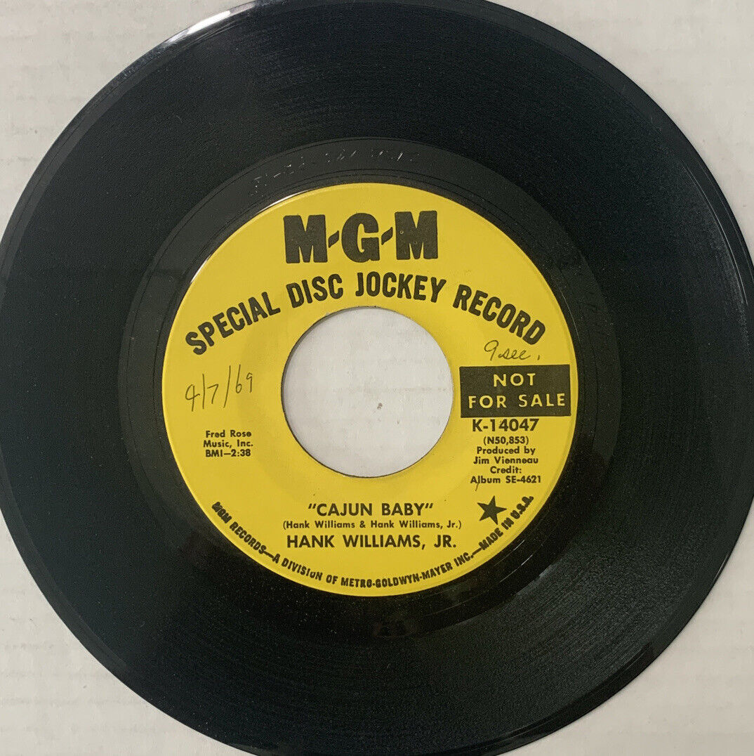45 rpm Vintage 7” Vinyl Single Hit Record Hank Williams Jr - Cajun Baby PROMO