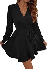 New SheIn Women's Elegant High Waist V Neck Long Sleeve Short Dress