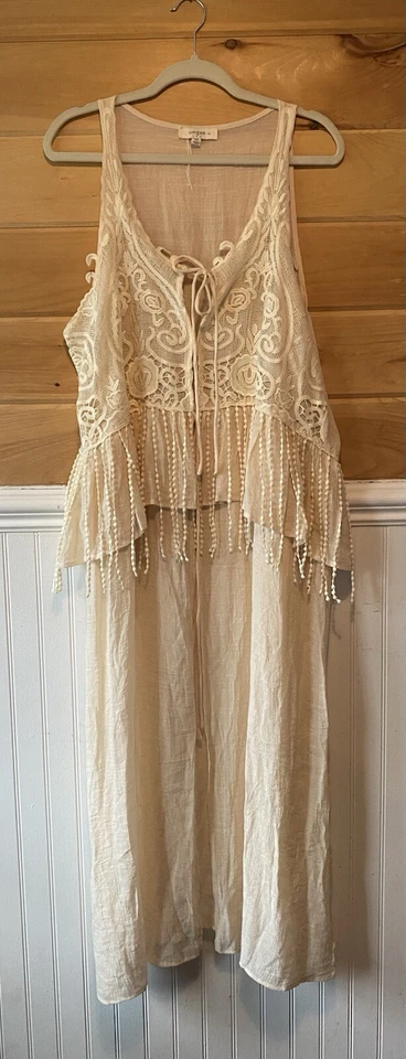 Chaleco Umgee Boho Maxi Plumero Crochet Marfil Flecos 1X