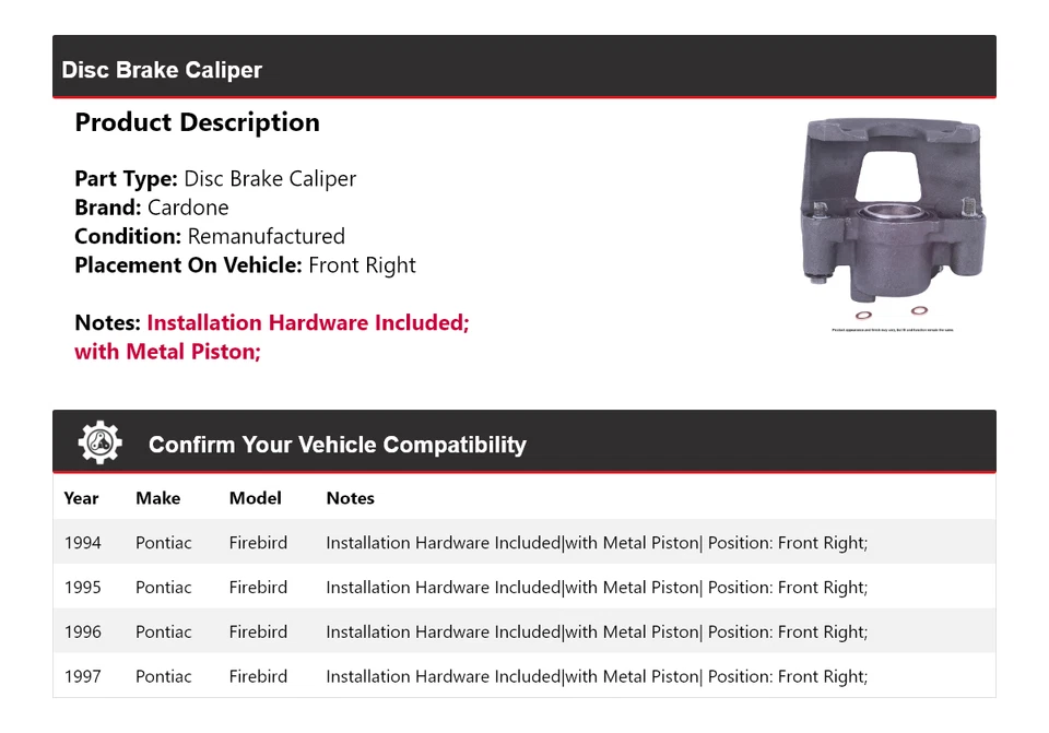 Pinza de freno de disco delantera derecha Cardone 1995 1996 Pontiac Firebird 1994-1997 Foto 2 de 4