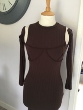PRETTY LITTLE THING NEW TAGGED BROWN EXPOSED SEAM  RIBBED BODYCON DRESS 8/10