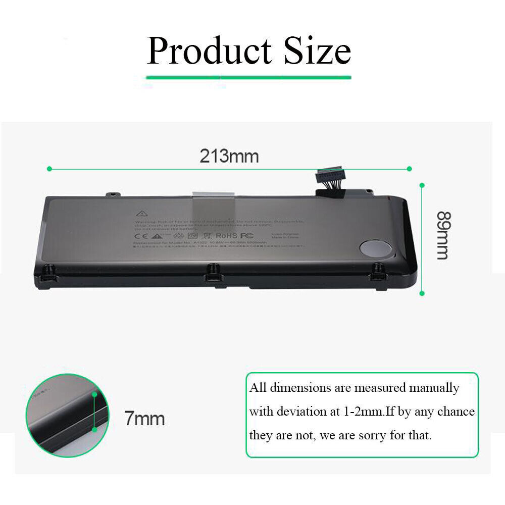 Batterie 6160mAh (63.5Wh) Pour MacBook Pro 13" A1278 (2009-2012) - Remplacement A1322, 10.95V - Neuf