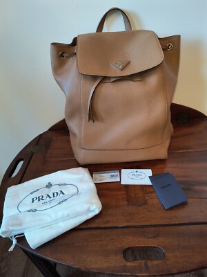NEW AUTHENTIC PRADA Leather Backpack Purse Caramel Beige Drawstring 1BZ007