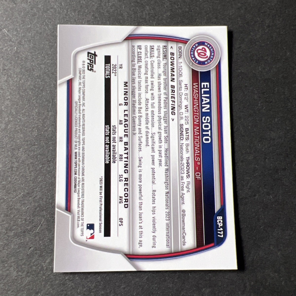 2023 Bowman Chrome Sapphire Prospects #177 Elian Soto (Nationals 