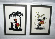 2 old Scherenschnitte girl Dogs tree flowers Paper Cutting black red yellow 5x7