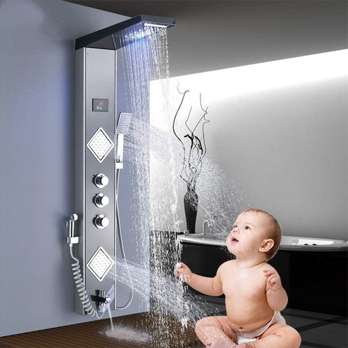 5 funciones LED Panel de ducha Ducha de lluvia Hidromasaje Acero inoxidable LCD - Imagen 83 de 94