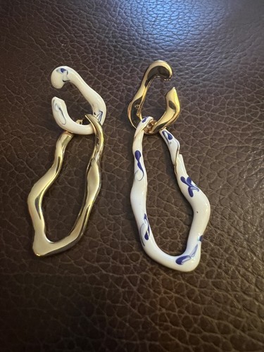 Anthropologie Asymmetrical Earrings Hoop White Blue Boho Gold Stud Enamel 18k - Picture 6 of 11