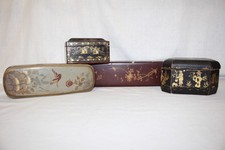 Lot of 4 Circa 1910 Lacqured Wooden Hand Painted Asian Boxes;  Gilt Accents