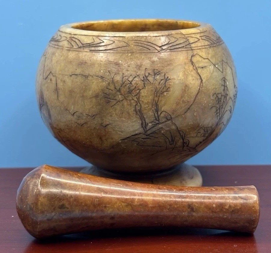 Antique Chinese Soapstone Apothecary Mortar & Pestle Carved Landscape Qing Era