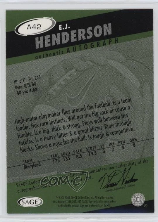 2003 SAGE Hit Auto Silver EJ Henderson #A42 Rookie Auto RC - Image 2 of 2