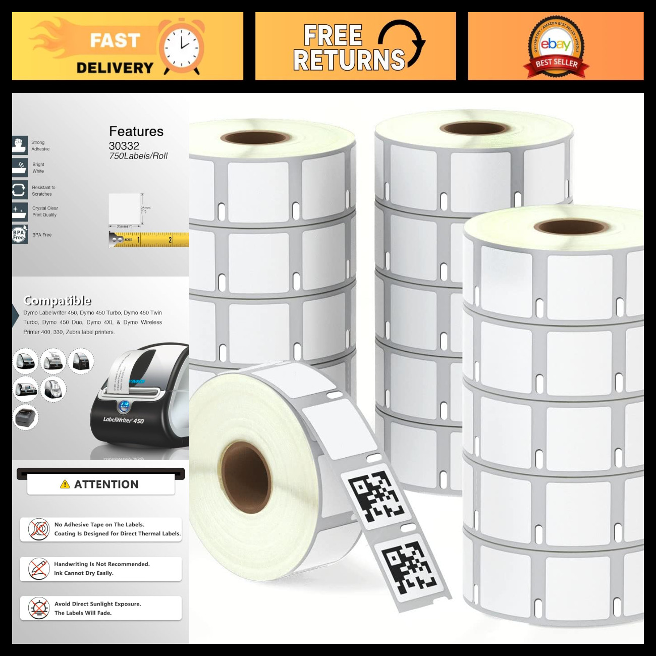 1" x 1" Square Multipurpose Labels for DYMO & Zebra Printers - 16 Rolls, 12000 L