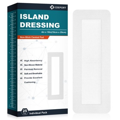 Ceeport Island Dressing Bordered Gauze Sterile Adhesive Bandage 4''x10''-25 Pack