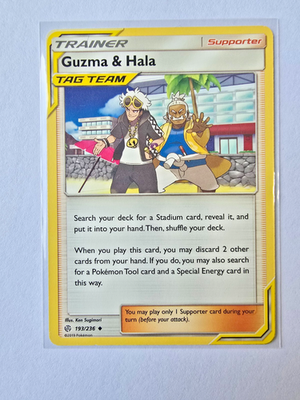 guzma and hala pokemon card Guzma & Hala 229/236 Full Art Ultra Rare Cosmic Eclipse Pokemon Card N