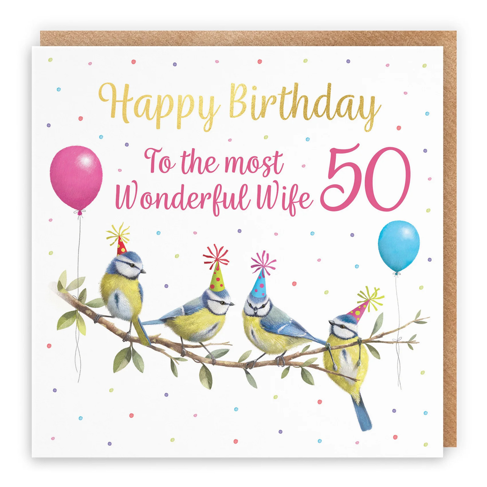 50th Wife Blue Tits Birthday Card Gold Foil Milo's Gallery