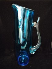 Retro Hand Blown Blue Tall Glass Pitcher Jug with Handle Mid Century Modern