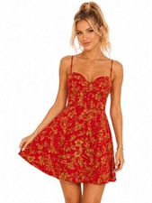 Urban Outfitters Dress Womens M Red Gold Floral Bustier Fit Flare Mini NWT