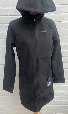 New Womens Tog 24 Keld Softshell Long Jacket Black UK 12 Hooded Zip Up