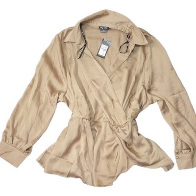 Wrap Around Luxury Top In Taupe Long Sleeve Collar V Necklike By City chic