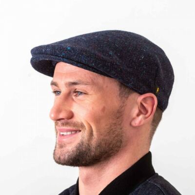 Irish Tweed Flat Cap Hat from Ireland Donegal Tweed Navy Blue Herringbone weave