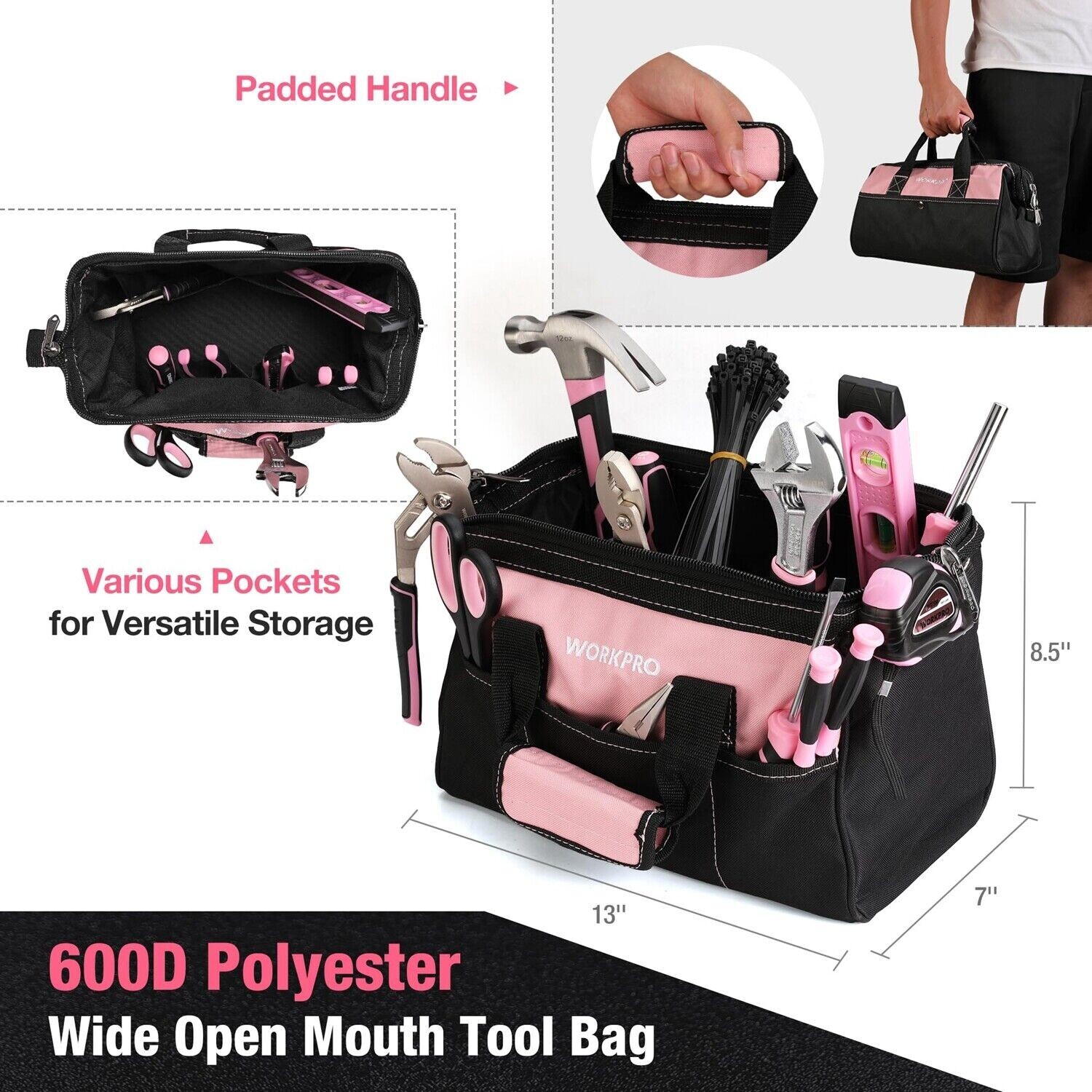 WORKPRO Pink Tool Set 277PC Apartment Essentials Hand Tool Bag Set with 13''Bag