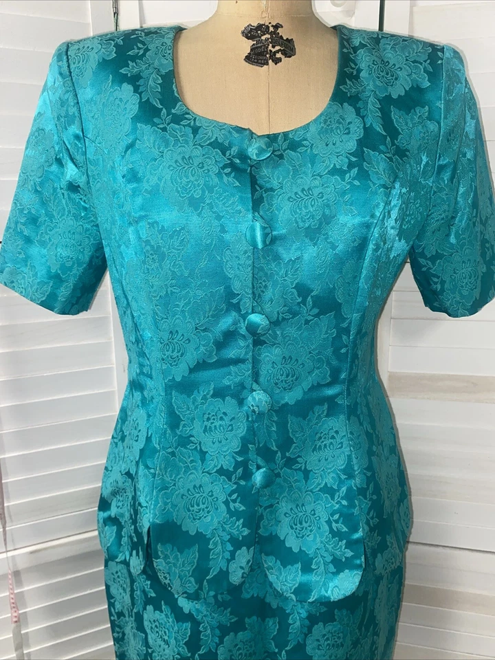 De colección Años 80 Melissa Verde Jade Floral Tapiz Jacquard Falda Chaqueta Traje Talla 10 Foto 2 de 4