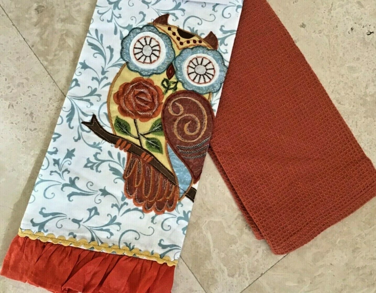 GATHER TOGETHER KITCHEN TOWELS (2) OWL WHITE BLUE RUST YELLOW 100% COTTON  NWT