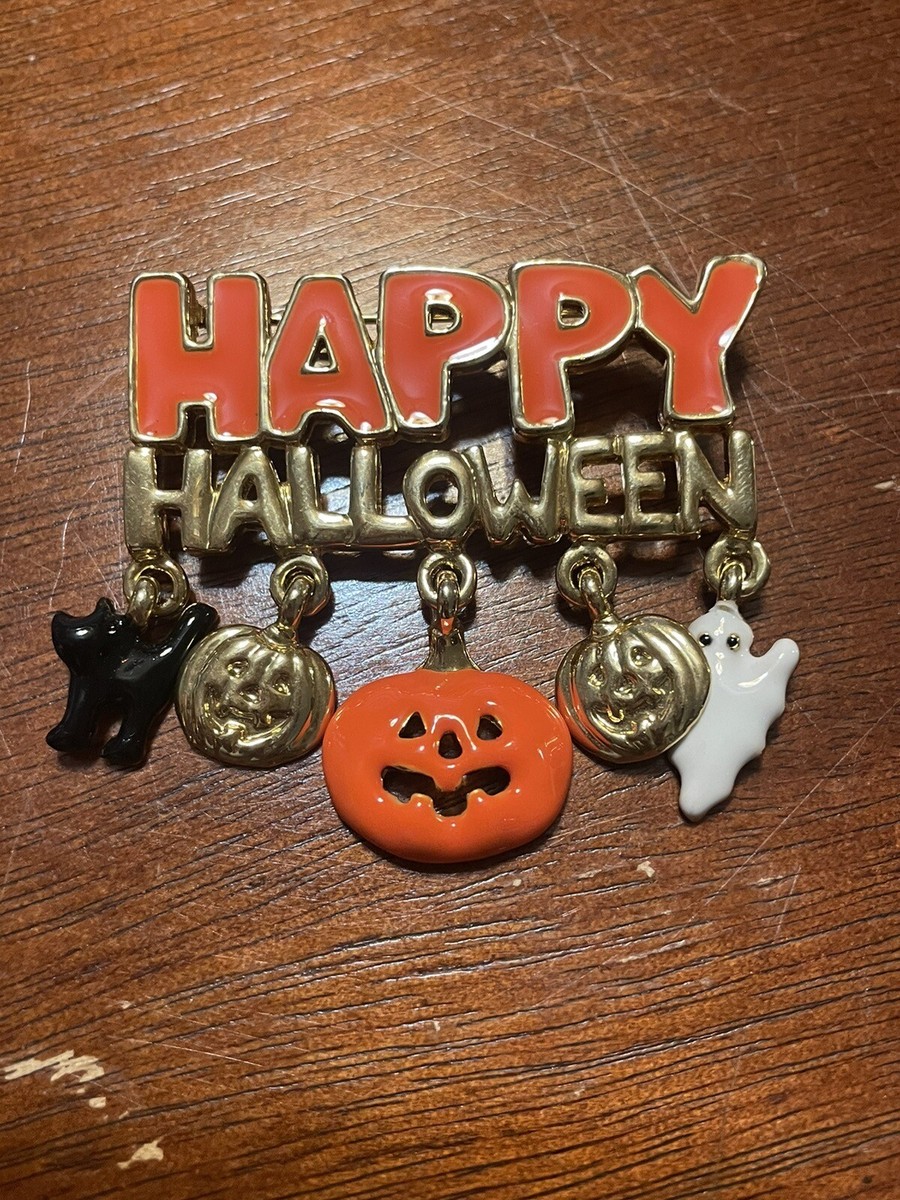 Vintage Happy Halloween Brooch Pin Gold Enamel Charms Pumpin Ghost Cat
