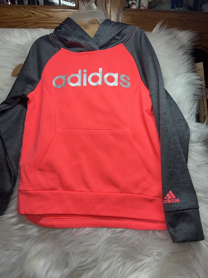 Adidas Girls Hoodie size 6 big front Pocket orange neon and gray - Image 3 of 4