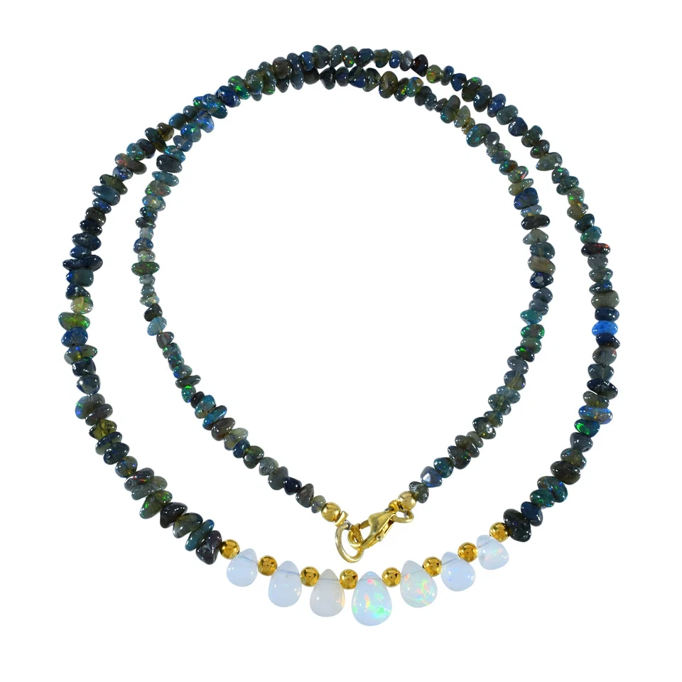 Handcrafted Natural Rainbow Fire Black Opal Beads 925 Silver Chain Necklace 18" - Image 4 of 4