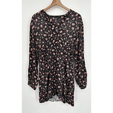 Zara Mini Dress Women Large Black Floral Long Sleeve Silky Button Up VNeck