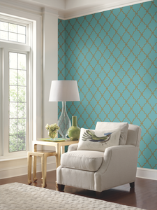 York Modern Trellis Quatrefoil Turquoise Spa Blue Green Gold Wallpaper