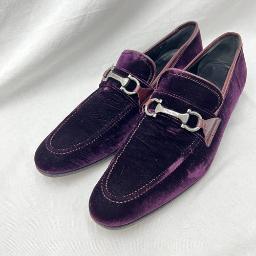 MOCASINES SALVATORE FERRAGAMO REMOLACHA MORADO TERCIOPELO CUERO RIBETE CABALLO BROCA PARA HOMBRE 9 D - Imagen 5 de 13
