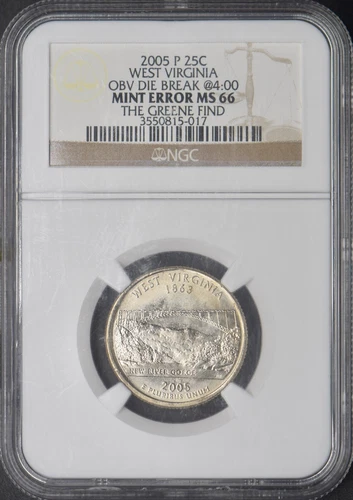 2005-P West Virginia 25C Obv Die Break @4:00 NGC MS66 Greene Find - ✪COINGIANTS✪