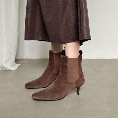 French Style Womens Real Suede leather Ankle Boots Square Toe Mid