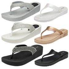 Dunlop Womens Low Wedge Flip Flops - Slip On Summer Comfort Beach Sandals