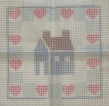 Vintage NOS: HOUSE  HEARTS Latch Hook Pillow/Rug/Picture Canvas 14.5" sq.