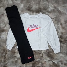 Nike Long Sleeve Tee Flare Leggings 2 Piece Set White/Black Girls Size 6 NWT