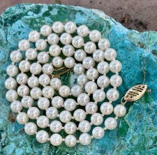 VTG Bright White Cultured Pearl Necklace 14k Yellow Gold Clasp 19  6mm