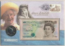 Great Britain 2000 Queen Elizabeth II QEII £5 Coin & Note Queen's Mother PNC