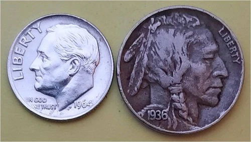 Lot of 2 Coins- 1 90% Silver Roosevelt 10c (1964P) & 1 Better Buffalo 5c (1936P)